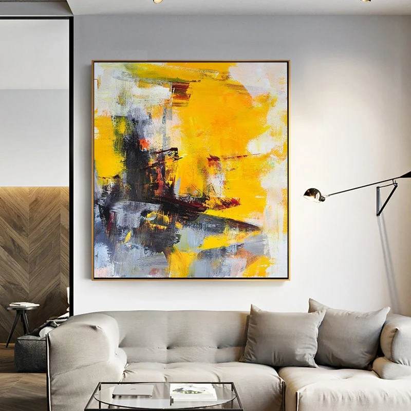 White Original Contemporary Room Yellow Abstract Canvas Artwork 9RUZC
